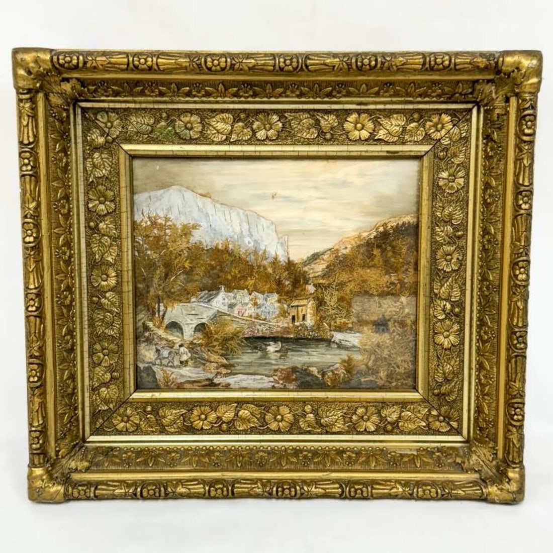Antique Hand Painted Collage on Paper: Antique Hand Painted Collage on Paper. "View of a Village". In Original Frame Under Glass. Has Not Been Examined Out of Frame.Condition: Generally Very Good. Dimensions: Sight-10.5" x 8.5". Frame-17.5
