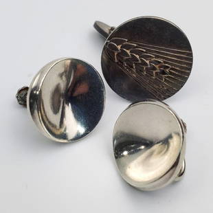 Georg Jensen Denmark Sterling Silver Earring Pair: Pair of Georg Jensen Denmark Sterling Silver Earrings. Number 136C. Designed by Nanna Ditzel. Along with a Georg Jensen Single Cufflink. Condition: Generally Good. Dimensions: Each- 0.75" x 0.75". Wei