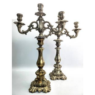 Pair of Antique Weighted Russian or Polish Silver Candelabras: Pair of Large Antique Weighted Russian or Polish Silver 3 Light Candelabras. Exceptional quality. Fully Hallmarked with 13 and Initials of the Maker. Condition: Generally very good. Dimensions: H-20.5