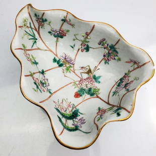 Antique Chinese Signed Enameled Porcelain Dish: Antique Chinese Signed Enameled Porcelain Leaf Shape Bowl. Signed at The Bottom. Condition: Generally Good. There Is a Small Chip on the Edge. Dimensions: L-7.25" x W-5.5" x H-2.25". Provenance: From