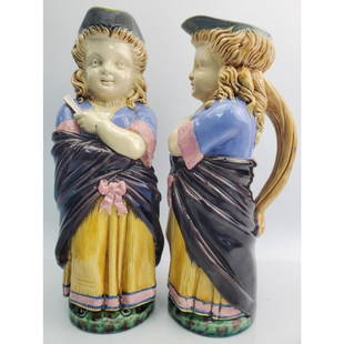 Rare Pair of Antique Minton Majolica Toby Jug: Rare Pair of Antique Minton Majolica Toby Jug. "Lady w/ Fan". Fully Marked at the Bottom. Condition: Excellent. Dimensions: Each-H-11.25". Provenance: From a Manhattan, NY Estate. Please note the abse