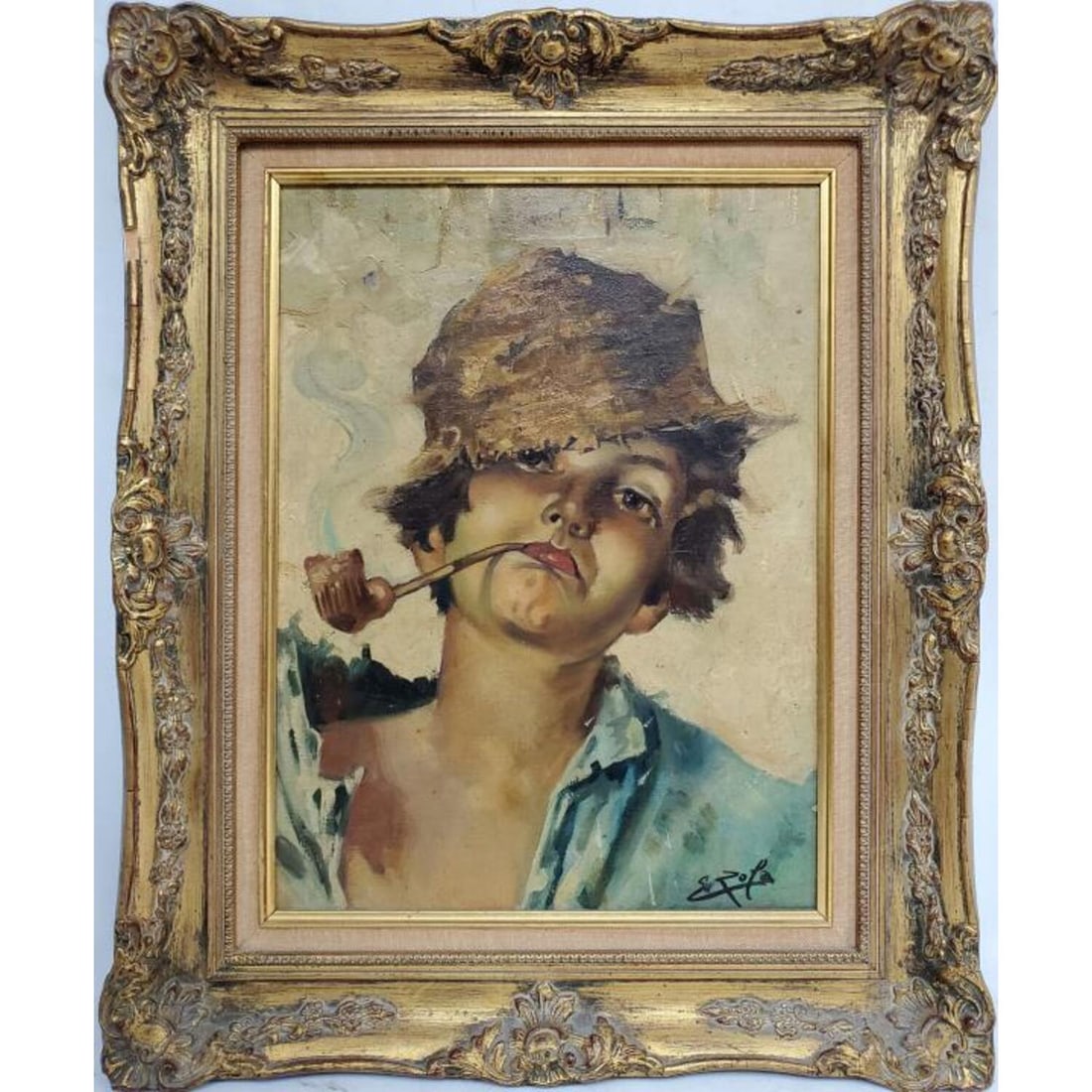 Signed Italian School Painting, Oil on Canvas: Signed Italian School Painting, Oil on Canvas "Boy with Pipe". Circa 1940s. In Original Frame. Condition: Generally Very Good. Dimensions: Sight- 16" x 12". Frame- 21.25" x 17.25". Provenance: From a 