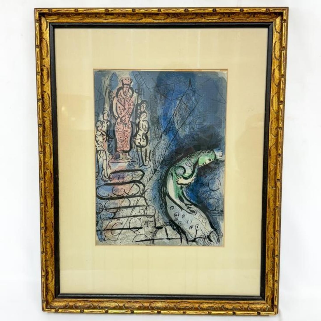 Marc Chagall, French (1887-1985) Color Lithograph: After Marc Chagall, French (1887-1985) Color Lithograph. "Assuerus Banishes Vashti". Gallery Label on Back. Numbered 22938. In Original Frame. Has Not Been Examined Out of Frame. Condition: Generally