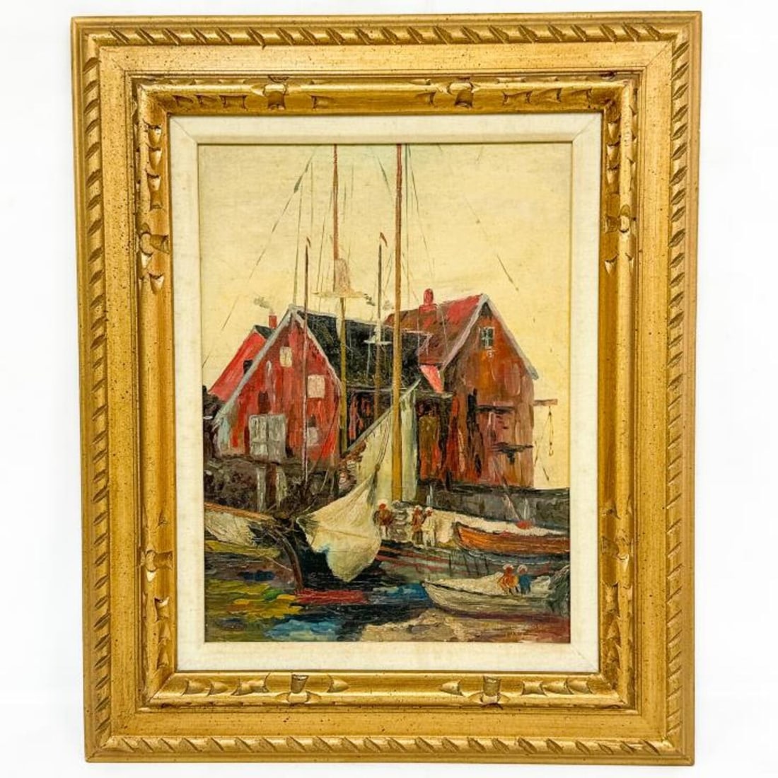 Signed Painting Oil on Board "Boathouse": Signed and Beautifully Framed Painting Oil on Board. Dated 1987. "Boathouse". Condition: Excellent. Dimensions: Sight- 15" x 11.25". Frame- 23" x 19". Provenance: From a New York City Townhouse.Please
