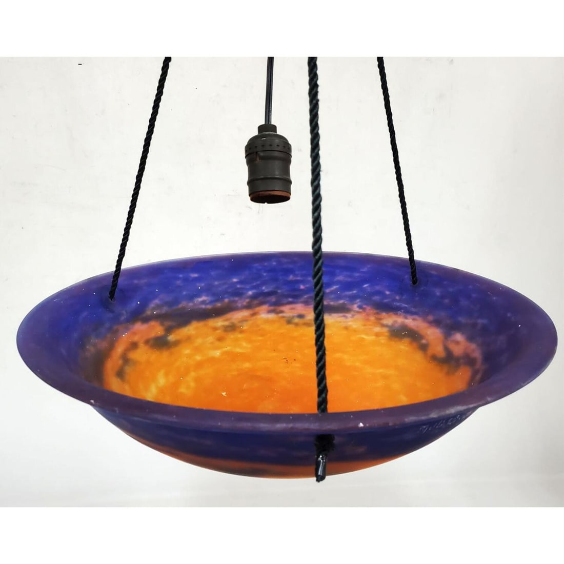 Muller Freres Luneville French Glass Chandelier: Muller Freres Luneville Art Deco French Glass Chandelier. Condition: Generally Very Good. Dimensions: Glass Alone H- 4.6" x Dia- 15.6". H w/ Mount- 23". Provenance: From a New Jersey Home. Please note