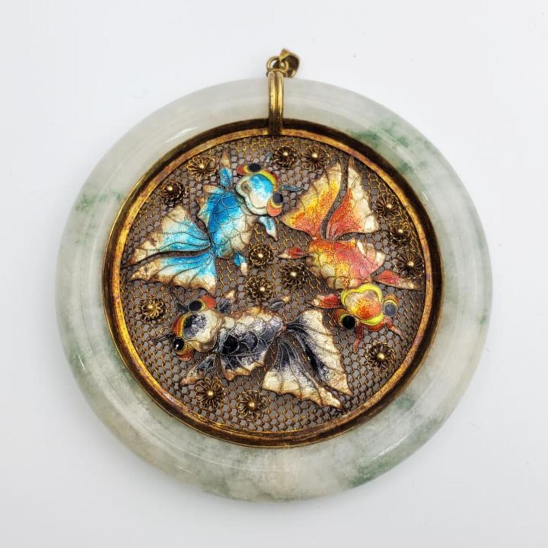 Rare Chinese 14K Gold, Jade & Enamel Large Pendant (1 of 5)