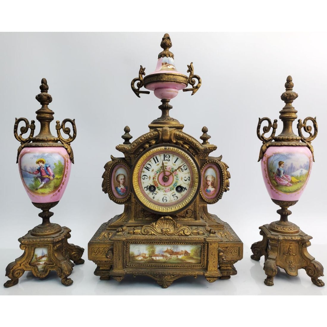 Antique 3 Piece Sevres Style HandPainted Clock Set (1 of 6)