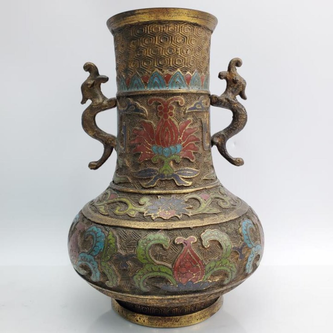 Old Japanese 2-Handled Champleve Enamel Brass Vase (1 of 5)