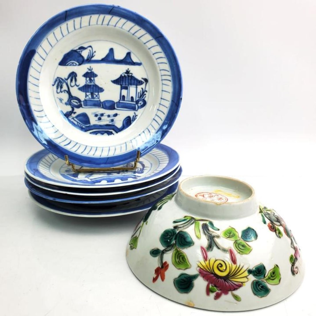 5 Chinese Blue & White Plates Along w/ Signed Bowl (1 of 4)