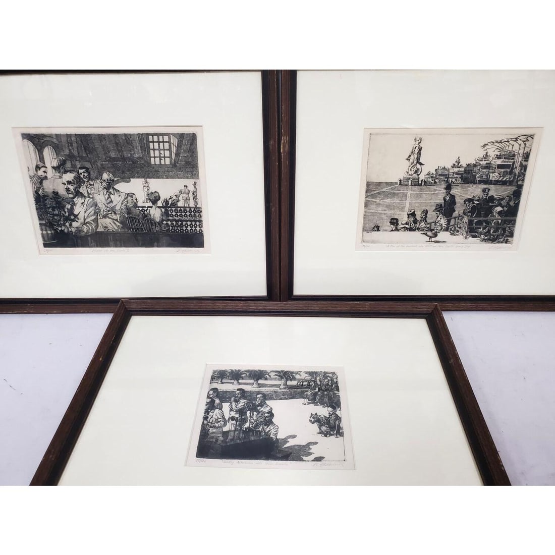 David Itchkawich, American (b.1937) 3 Etchings: David Itchkawich, American (b.1937) Lot of 3 Etchings on Paper. Circa 1970s. "Master of The Courts II". Numbered 64/100. "A Few of The Hundreds Who Visit Our New Capital Every Day". Numbered 92/100. "