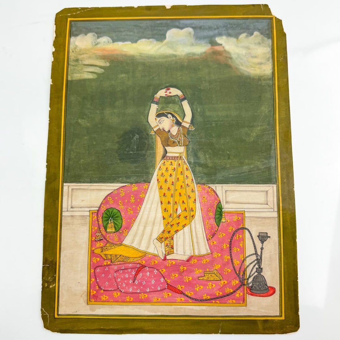 Indian Miniature Painting, Mughal School: Indian Miniature Painting, Mughal School "Dances with Hookah Lying Around". Unframed. Condition: Losses to the Corners. Dimensions: Sight- 10.5" x 7.8". Provenance: From a Private Collector. Please no