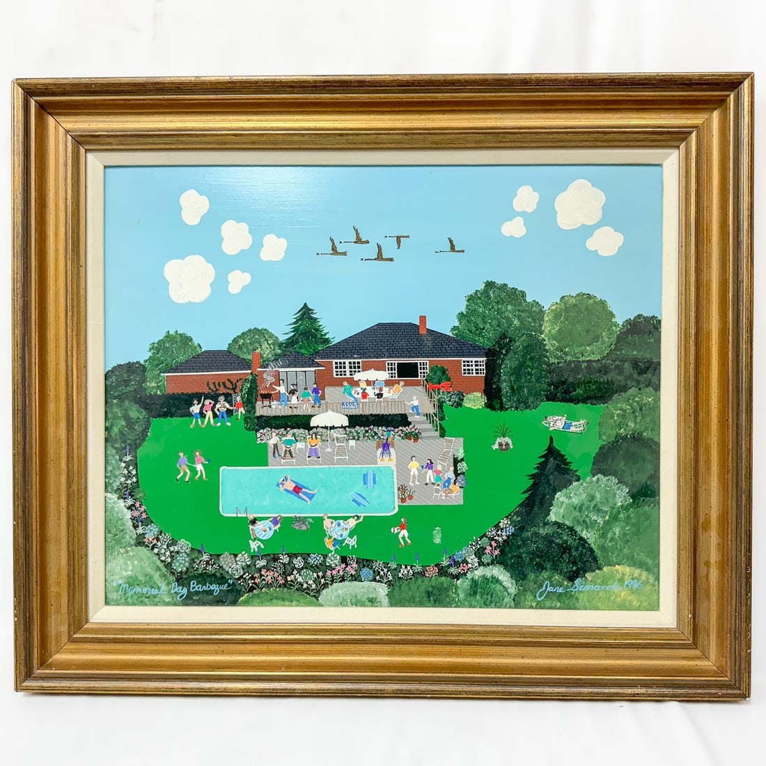 Jane Simonds, American, Oil on Board, Painting: Jane Simonds, American (20th C. Artist), Painting Oil on Board, "Memorial Day Barbeque". Signed Lower Right. Dated 1966. Beautifully Framed. Condition: Generally Very Good. Dimensions: Sight- 21" x 18