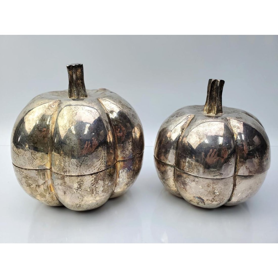 Lot of 2 Mexican Silver-Plated Pumpkin Trinket Boxes (1 of 4)
