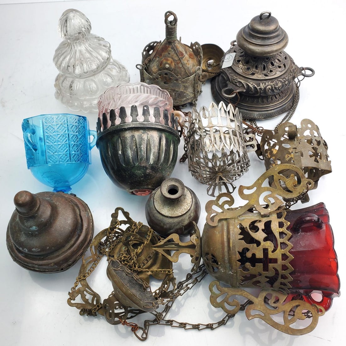 Lot of Antique 19th Century Russian Bronze & Glass Lampadas Incl. One 84 Silver (1 of 10)