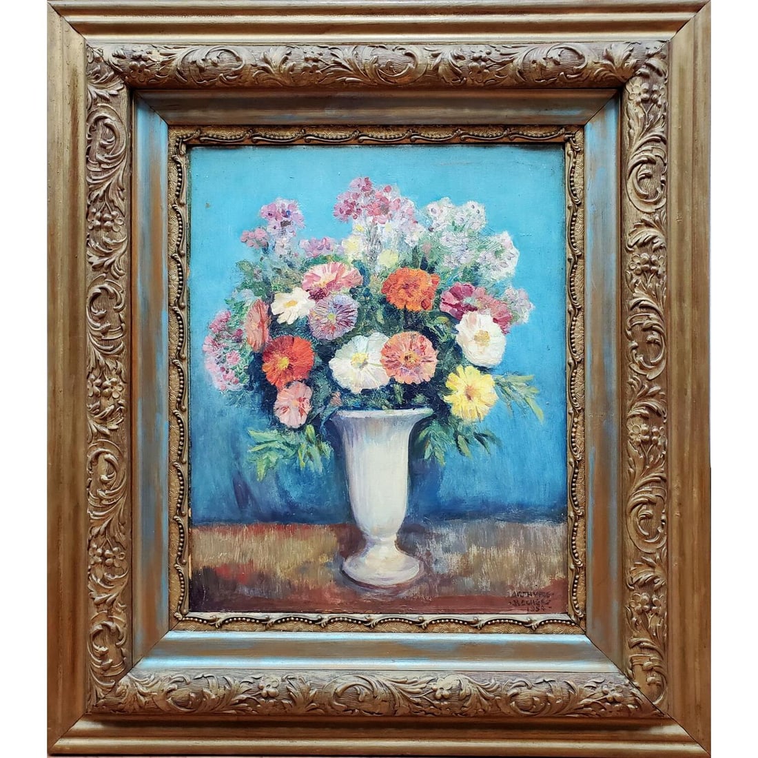 Arthur Ernst Becher, American (1877-1960) Painting: Arthur Ernst Becher, American (1877-1960) Painting Oil on Board. "Flowers" Signed Lower Right & Dated 1954. In Original Frame. Condition: Generally Very Good. Dimensions: Sight-19.5" x 15.5". Frame-30