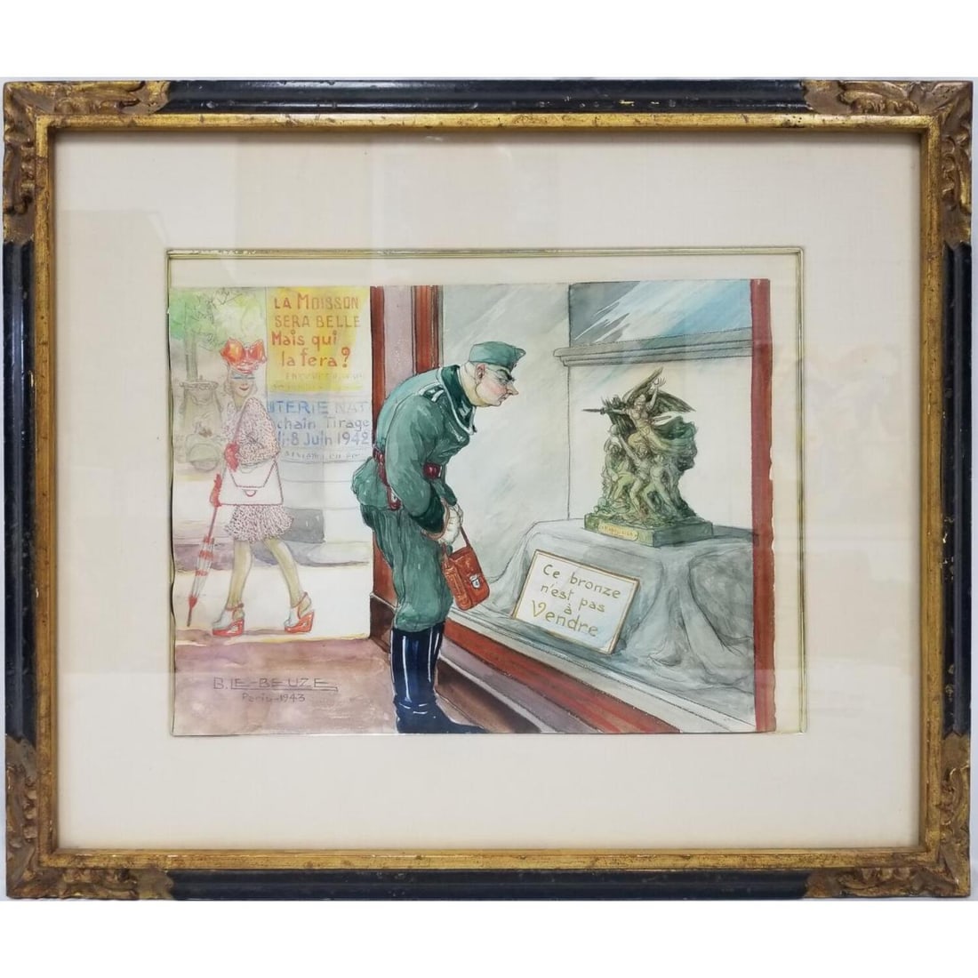 Gaston Le Beuze, French (Active 1940's): Gaston Le Beuze, French (Active 1940's) Watercolor on Paper, Signed Lower Left & Dated Paris 1943. Also Described Fully on the Back "Ce Bronze N'est Pas a Vendre". Original Frame Under Glass. Has Not 
