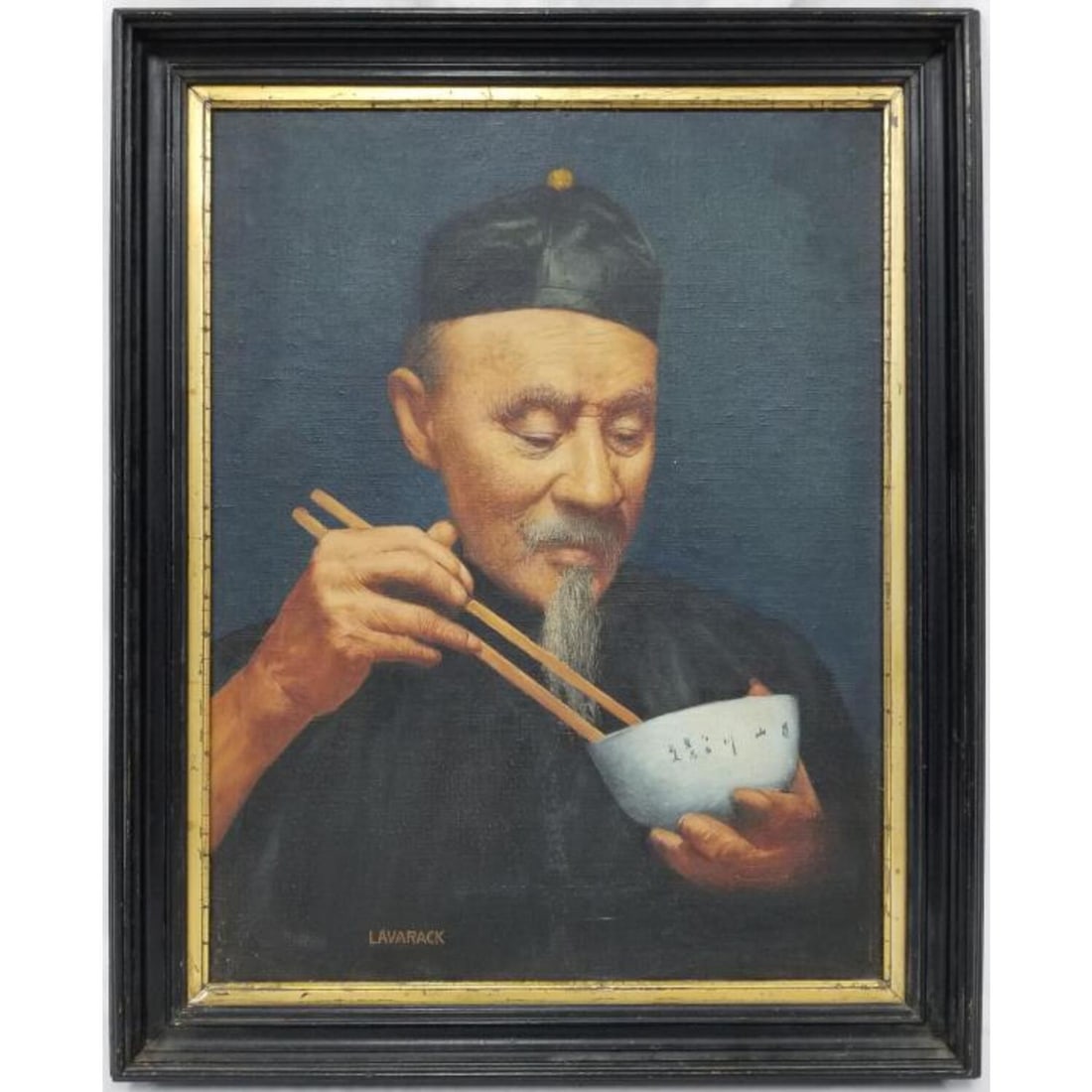 Signed Lavarack, Painting Early 20thC: Signed Lavarack, Painting on Belgian Linen and Mounted on Masonite. "Chinese Man Eating". Early 20thC. In Original Frame. Signed Lower Left. Described on the Back. Condition: Excellent.Dimensions: Sit
