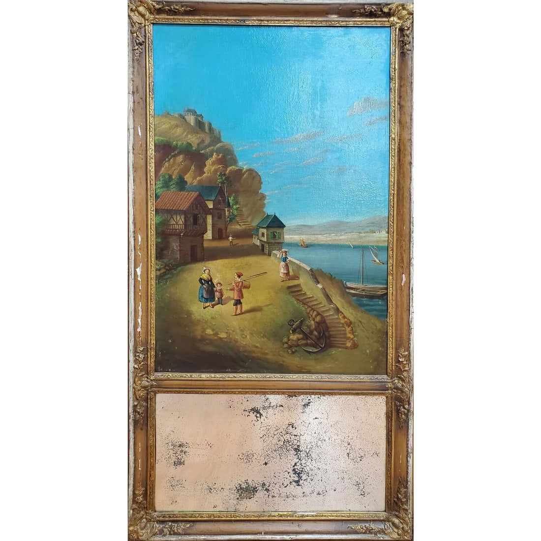 Antique Trumeau Painting/Mirror, Oil on Board: Antique Trumeau Painting, Oil on Board "Village and Boat Scene" with Mirror on the Lower Part. Beautifully Framed. Condition: The Painting is Excellent. The Frame Needs Attention. The Mirror Has Some 