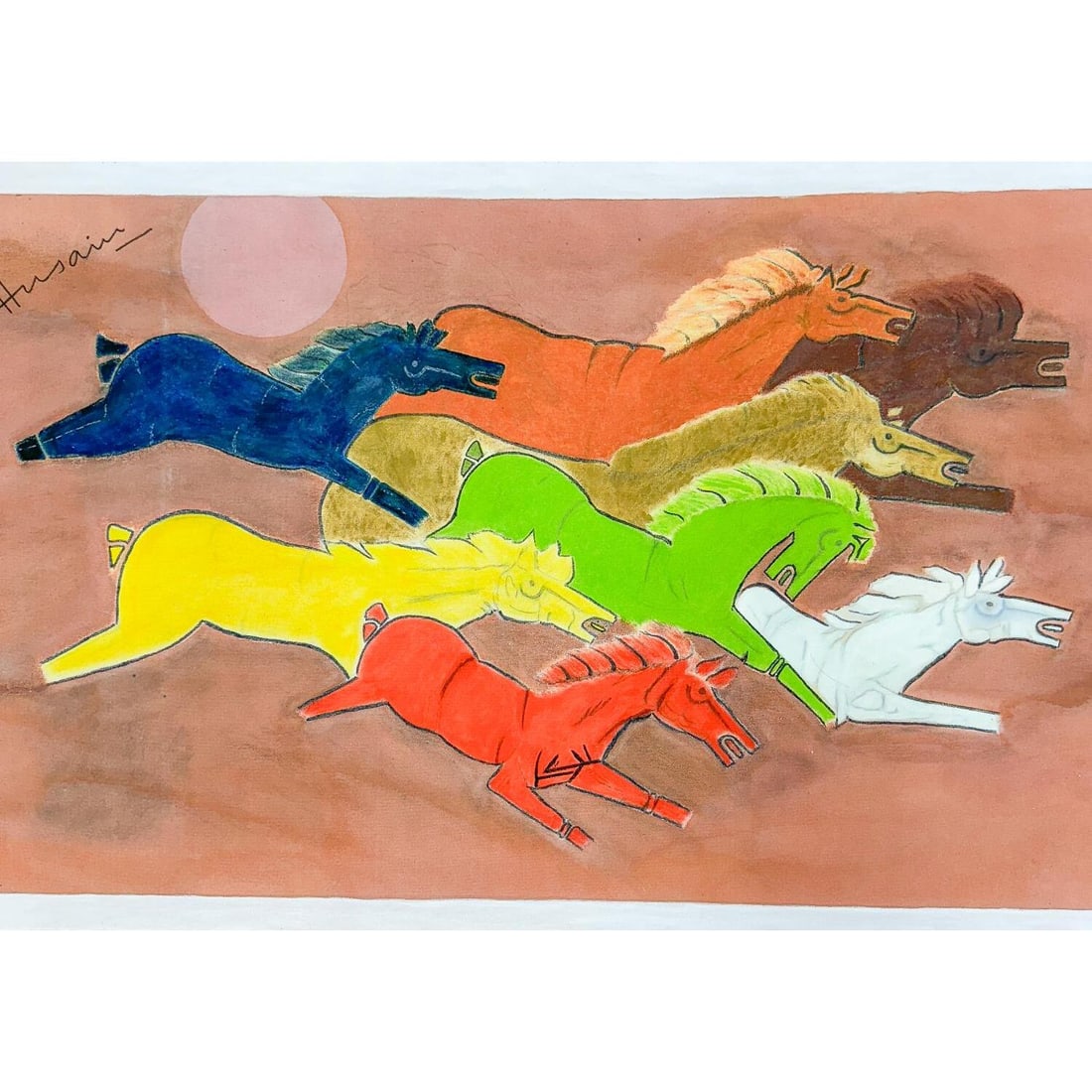 After Maqbool Fida Husain, Painting. Oil on Canvas: After Maqbool Fida Husain, Painting. Oil on Canvas. Unframed & Not on Stretcher. Condition: Generally Very Good. Dimensions: 26" x 43". Provenance: From a Midwest Home. Please note the absence of a Co