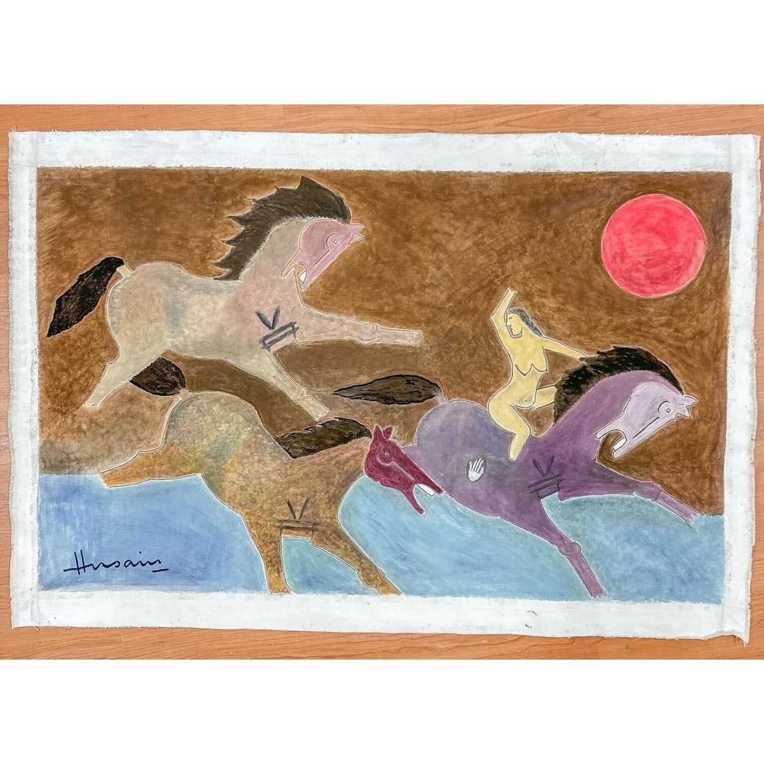 After Maqbool Fida Husain, Painting. Oil on Canvas: After Maqbool Fida Husain, Painting. Oil on Canvas. Unframed & Not on Stretcher. Condition: Generally Very Good. Dimensions: 29" x 43". Provenance: From a Midwest Home. Please note the absence of a Co