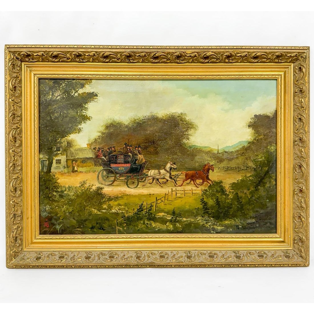 Myles Birket Foster, English (1825-1899) Painting: Myles Birket Foster, English (1825-1899) Painting Oil on Canvas. "The London Coach". Signed w/ Monogram on Lower Left. Framed. Condition: May Have Been Relined. Generally Good. Dimensions: Sight-21" x
