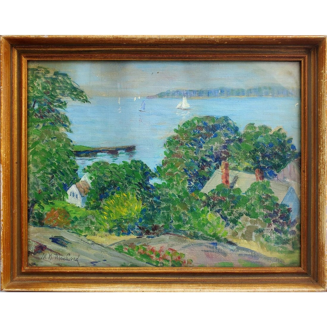 Mary Nicholena MacCord, American (1864-1955): Mary Nicholena MacCord, American (1864-1955) Painting, Oil on Board "Panoramic View of a Village by the Water". Signed Lower Left. In Original Frame Under Glass. Condition: Generally Good. Dimensions: