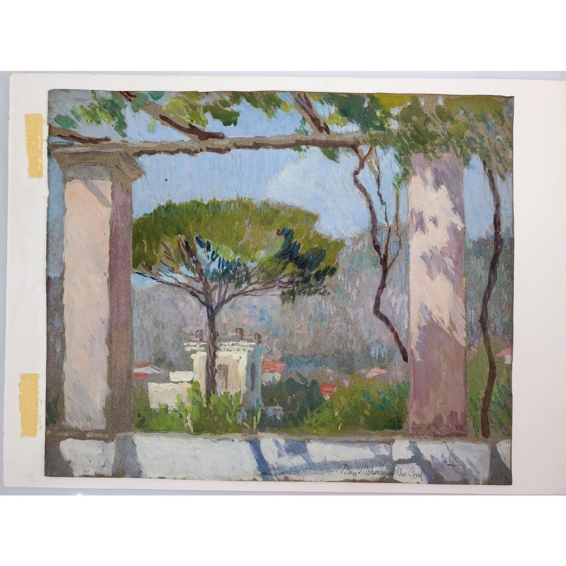 Mary Nicholena MacCord, American (1864-1955): Mary Nicholena MacCord, American (1864-1955) Painting, Watercolor on Paper "From a Italian Pergola". Signed Lower Right. Unframed. Condition: Generally Good. Dimensions: Sight- 12" x 10". Provenance: 