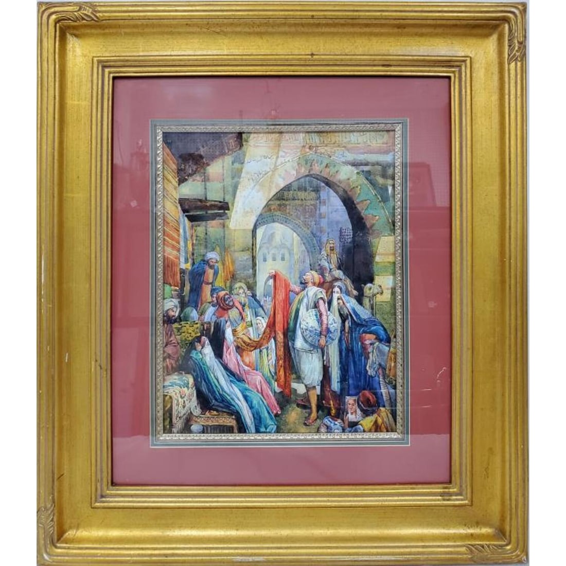 Watercolor Painting of a Middle Eastern Bazaar: Watercolor Painting of a Middle Eastern Bazaar. Apparently Unsigned. Beautifully Framed Under Glass. Has Not Been Examined Out of Frame. Condition: Generally Very Good. Dimensions: Sight-13.5" x 17.5"