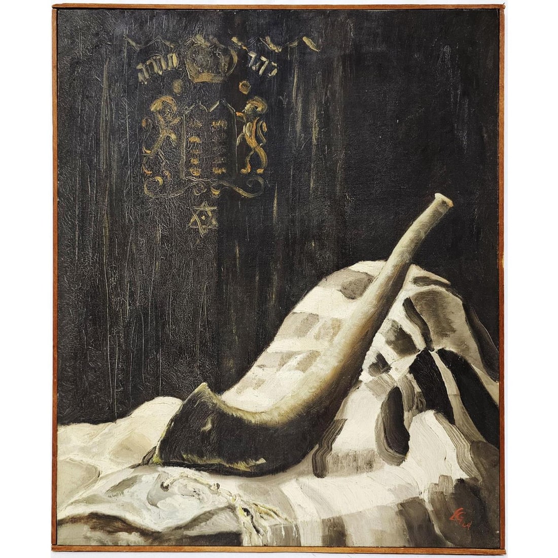 Judaica Signed Painting Oil on Canvas: Judaica Signed Painting Oil on Canvas. "Shofar w/ The 10 Commandments". Initialed "L.G." on Lower Right & Dated '64. In Original Frame. Condition: Generally Very Good. Dimensions: Sight-24" x 20". Fra