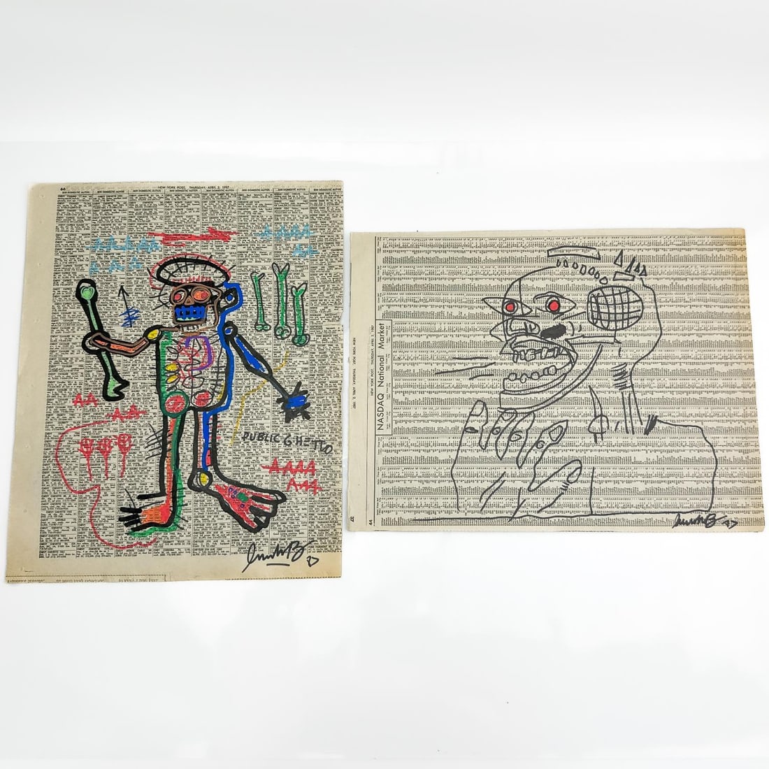 Attrib to Jean-Michel Basquiat, 2 Drawings on News (1 of 8)