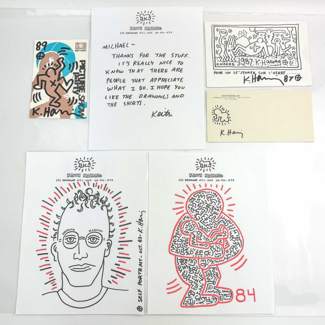 Attrib to Keith Haring, 2 Marker Drawings & Others: After & Attributed to Keith Haring, American (1958-1990), Lot of 2 Marker Drawings on Paper with Keith Haring Letterhead. One is Signed, Titled "Self Portrait", & Dated Oct. '83. The Other is Unsigned
