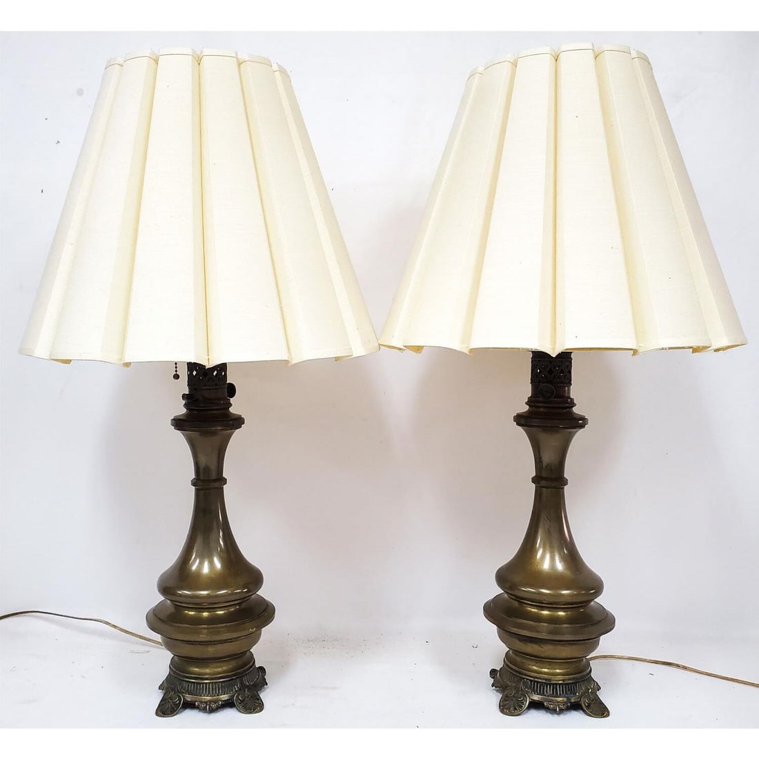 Antique Pair of Brass Gas Lamps Now Electrified: Antique Pair of Brass Gas Lamps Now Electrified. Condition: Generally Good Dimensions: Total H-29" Including Finial. Brass Alone-H-17". Provenance: From a Long Island, NY Home. Please note the absence