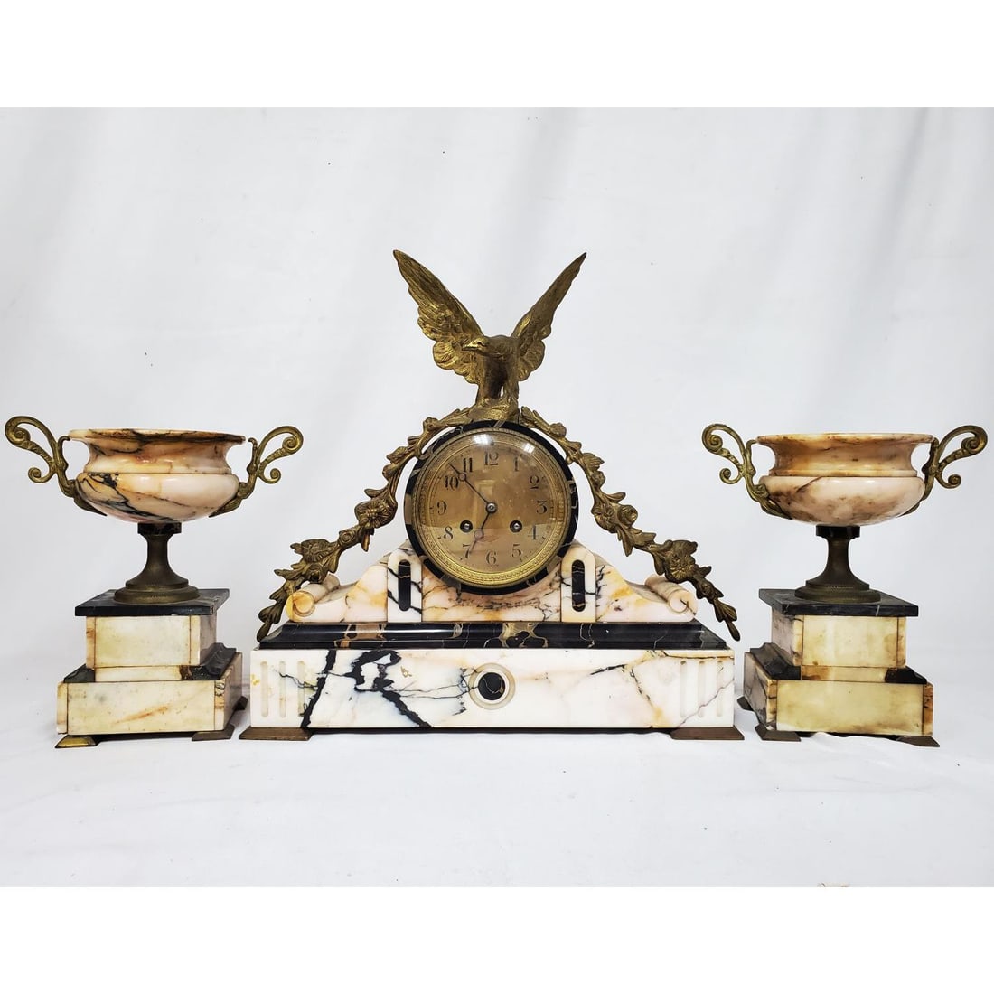 Art Deco French Bronze & Marble 3 Piece Clock Set (1 of 6)