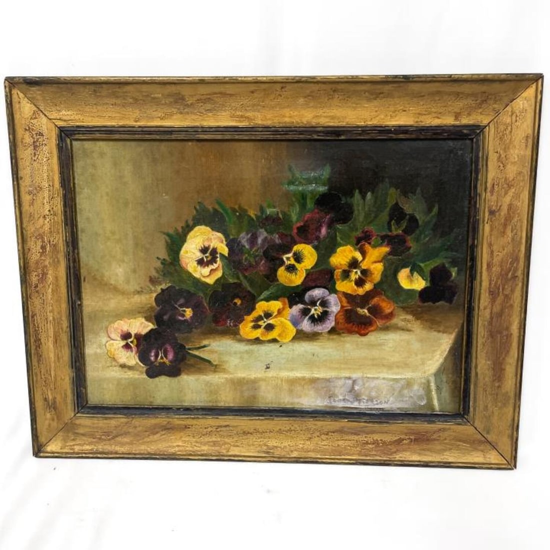 Jane Peterson, American (1876–1965), Painting: Jane Peterson, American (1876–1965) Painting Oil on Canvas. "Pansies". Signed Lower Right & Described on the Back. Dated 1921 & Initialed J.P. In Original Frame. Condition: Repaired Tare on the Uppe