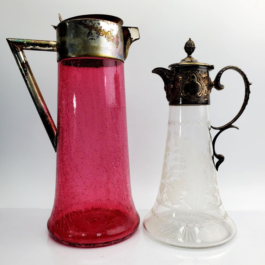 2 Antique 19th C. Glass & Silver-Plated Pitchers (1 of 5)