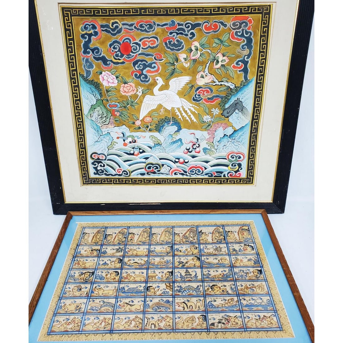 Lot of 2 Vintage Asian Watercolor Paintings: Lot of 2 Vintage Asian Paintings Watercolor on Paper. Both Are in Original Frames. 1 is Under Glass & Have Not Been Examined Out of The Frame. Condition: Generally Good. Dimensions: Larger-23" x 24.5"