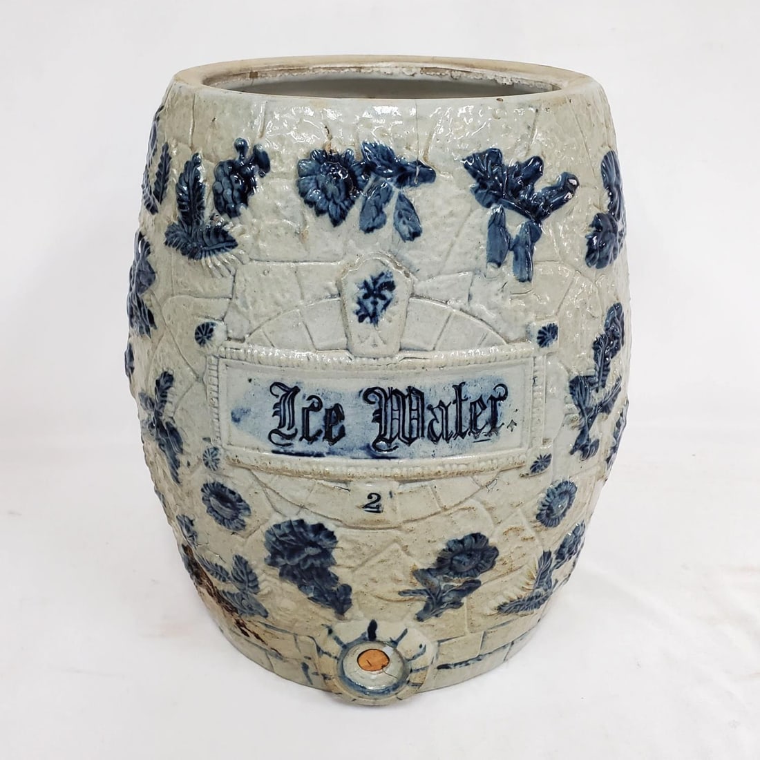 Rare Antique 6 Gallon Ice Water Crock with Spout: Rare Antique 6 Gallon Ice Water Crock with Spout. Condition: Generally Very Good. The Cover Is Missing. It has Been Drilled. There are Some Hairline Fractures Inside Due to Use and Age. Dimensions: H-