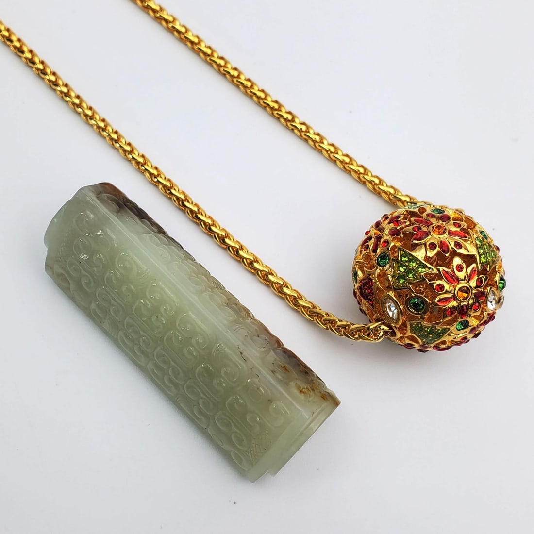 Old Chinese Carved Prob. Jade Bead & a Necklace (1 of 5)