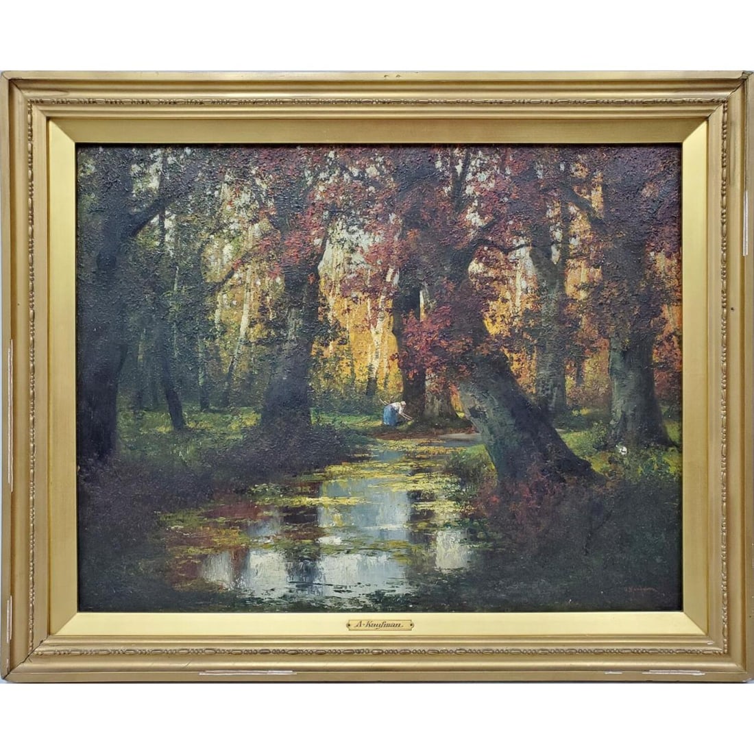 Painting Oil on Canvas Signed A. Kaufmann.: Painting Oil on Canvas Signed A. Kaufmann. Probably Either Arthur Kaufmann, German (1888-1971). "A Woodland Stream". Condition: Generally Good. 1 Minor Paint Loss.Dimensions: Sight- 23" x 18". Frame- 
