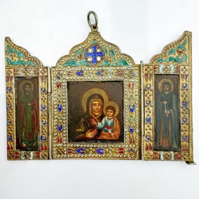 19th C. Russian 84 Silver Enameled Icon Skladen