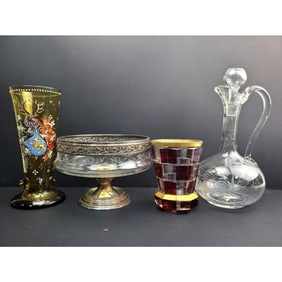 Lot of 4 Old Glass Items Incl. Ruby Overlay Cup