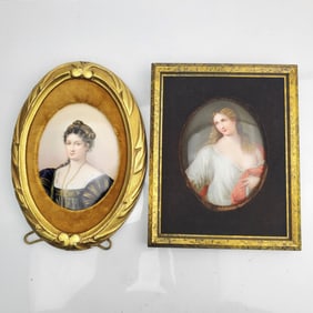 Lot of 2 Antique Hand-Painted Oval Shaped Plaques