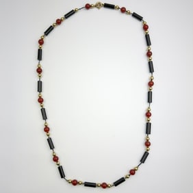 Fine 14K Gold Carnelian & Black Onyx Necklace