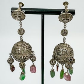 Unusual Pair of Chinese Silver & Jade Earrings