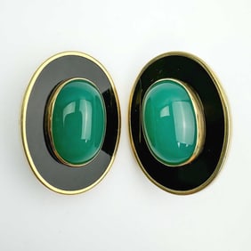 14K Gold, Black Onyx & Green Stone Earrings