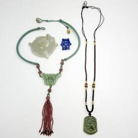 3 Chinese Carved jade & Lapis Pendant Necklaces