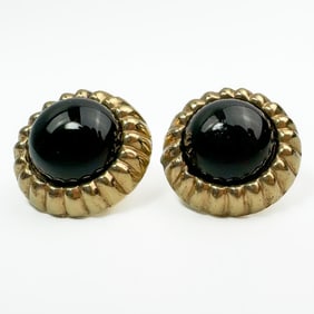 Pair of Vintage 14K Gold & Black Stone Earrings