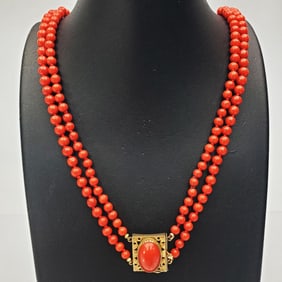 14K Gold and Dark Coral 2 Strand Beaded Necklace
