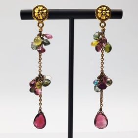 Pair of 18K Gold & Gemstones Chandelier Earrings