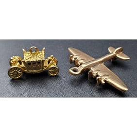 Lot of Two 9K Gold Charms of a Plane and Coach